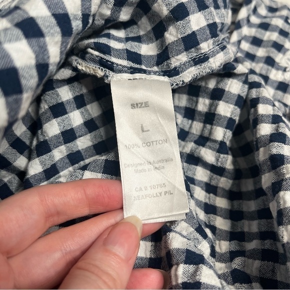 Seafolly Blue White Check Peasant Shirt Size Large Tassles Boho. - Picture 6 of 7